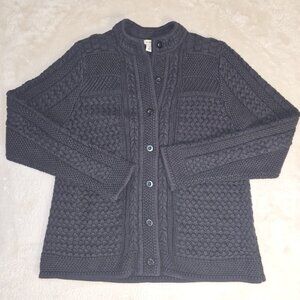 L.L.Bean Women’s L Textured Cable Knit Cotton Button Front Cardigan Black